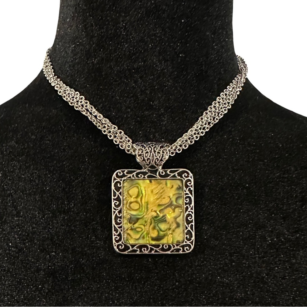 Reversible Pendant Necklace Abalone Center Filagree Design Silver Tone Adjustabl